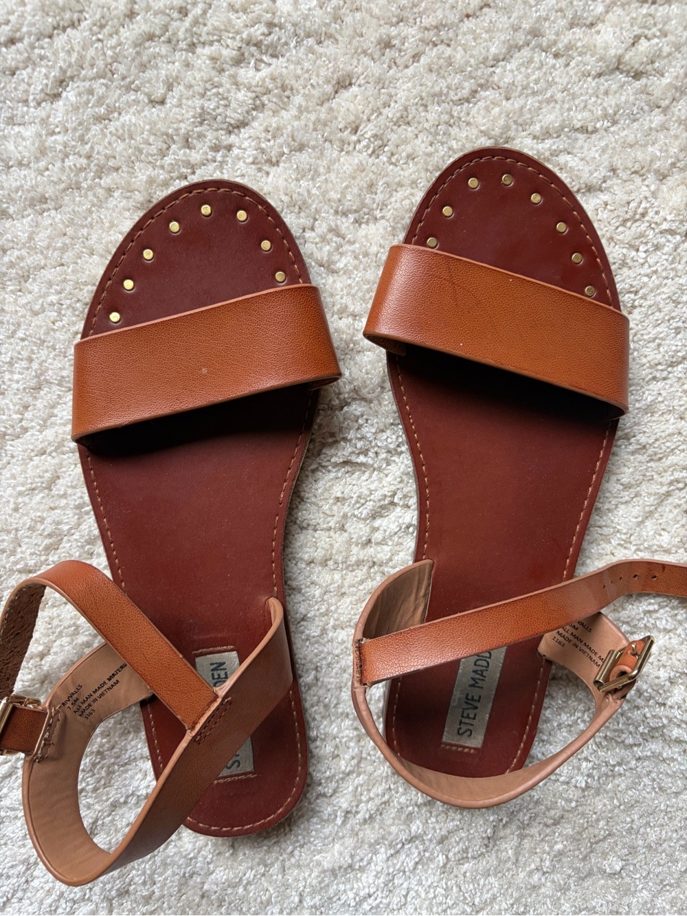 Steve Madden Cognac Brown Studded Leather Ankle-Strap Sandals